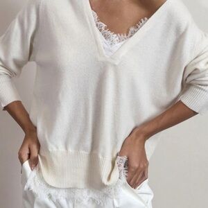 Brochu Walker Cream V-Neck Sweater with Lace Detail